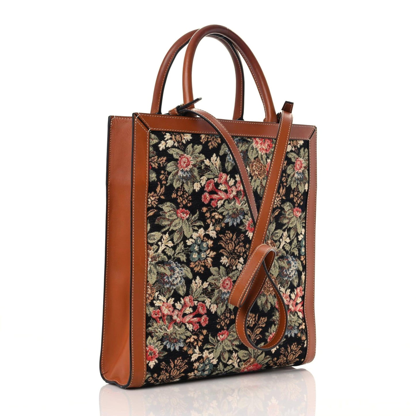 Canvas Calfskin Jacquard Floral Small Vertical Cabas Black Tan