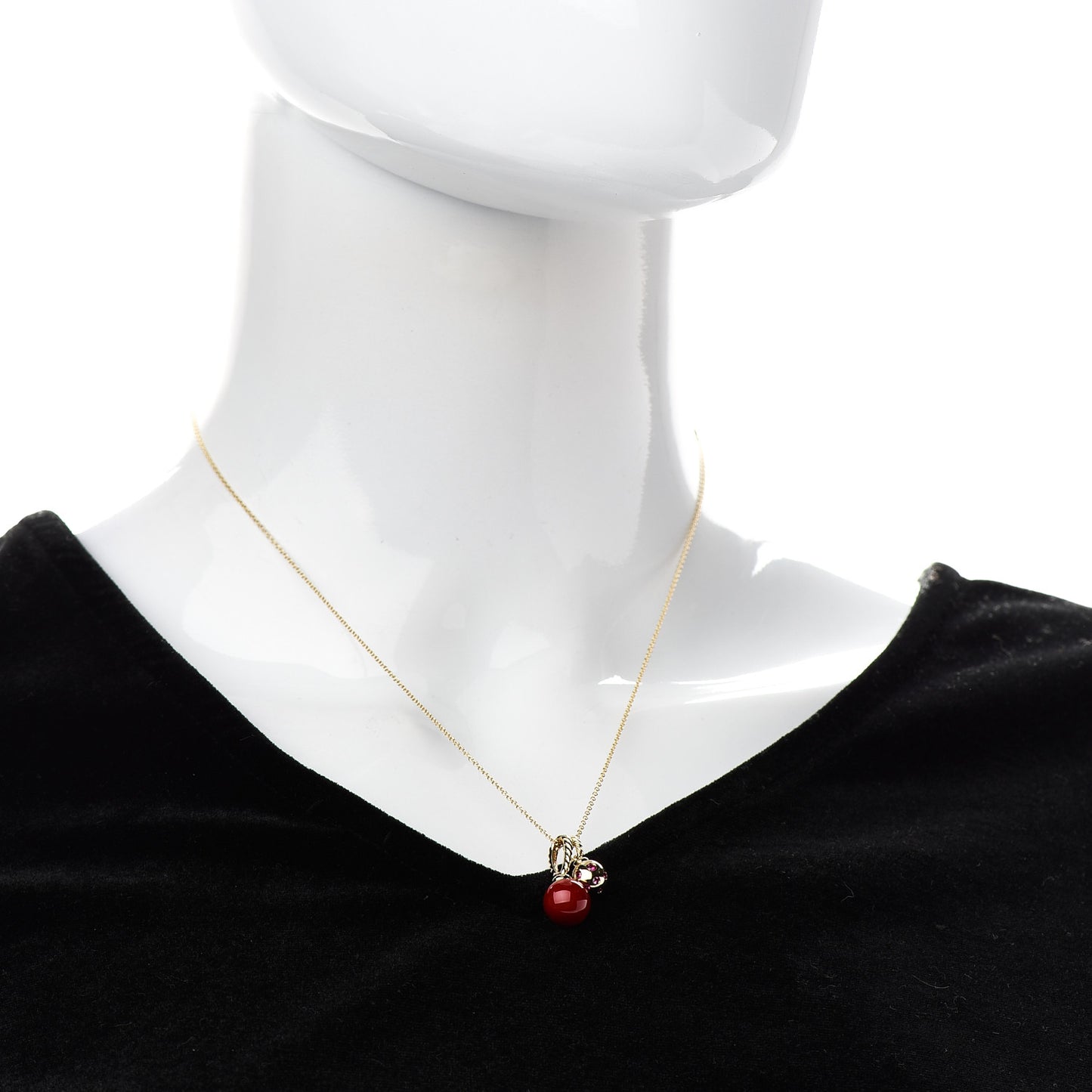 18K Yellow Gold Sterling Silver Ruby Enamel Solari Pendant Necklace Cherry