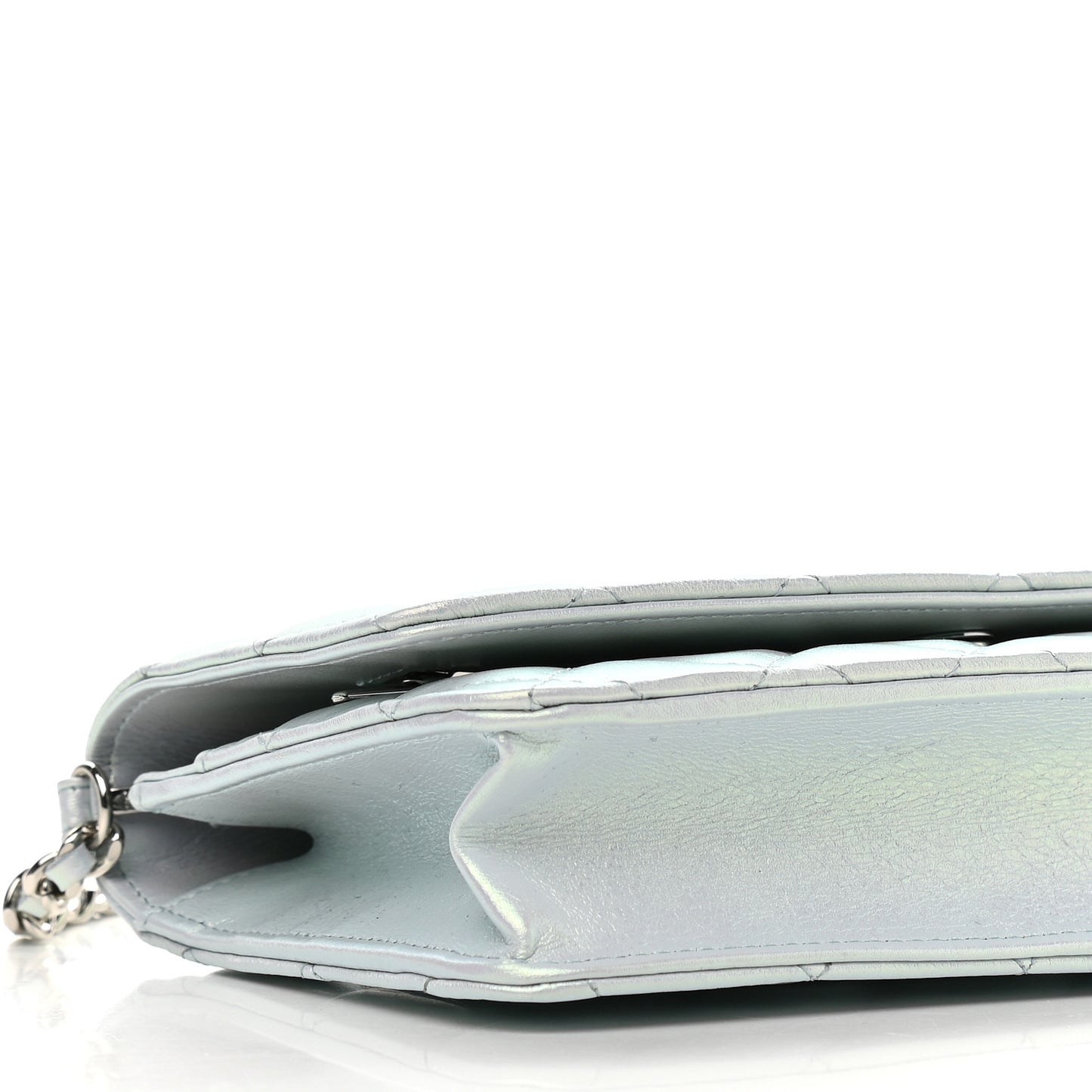 Iridescent Calfskin Quilted Wallet On Chain WOC Light Blue