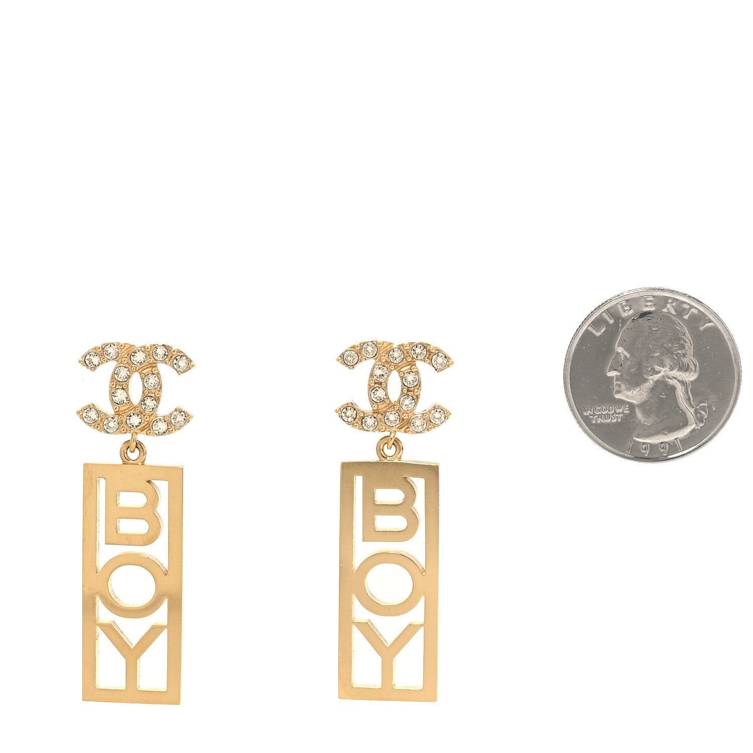 Chanel Metal Crystal CC Boy Drop Earrings Gold 2 of 5