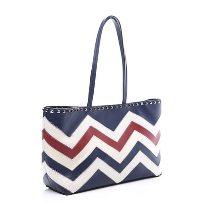 Valentino Garavani Calfskin Canvas Chevron Inlay Small Rockstud Shoulder Tote Blue Red White 2 of 8