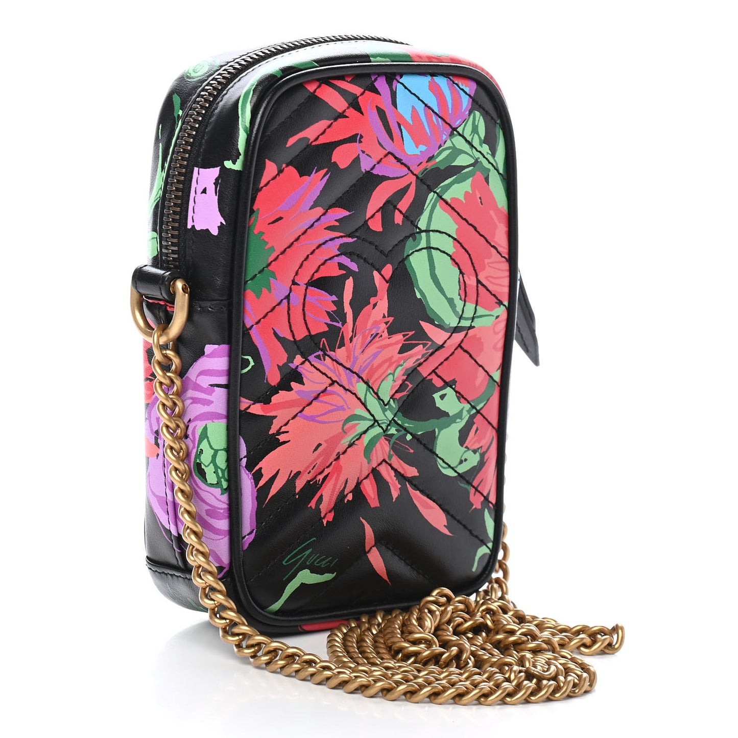X KEN SCOTT Calfskin Matelasse Floral Infinity Mini GG Marmont Crossbody Bag Black Pink