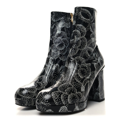 Chanel Calfskin Camellia Printed Ankle Boots 39.5 Black White 3 of 8