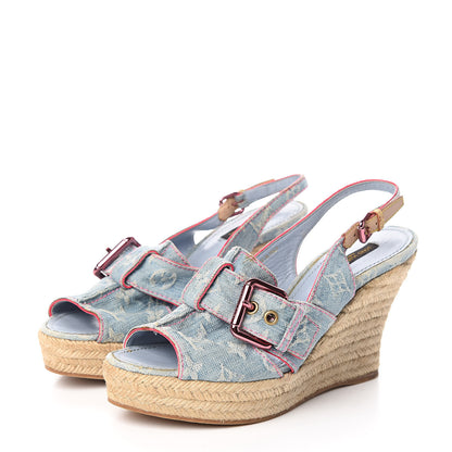 Louis Vuitton Denim Monogram Espadrille Wedge Sandals 40 Blue 3 of 12