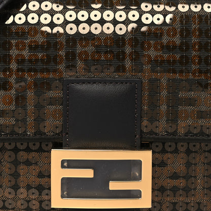 Fendi Fabric Jacquard Paillettes Vitello Seta FF Baguette Testa di Moro Real Ebano 8 of 10