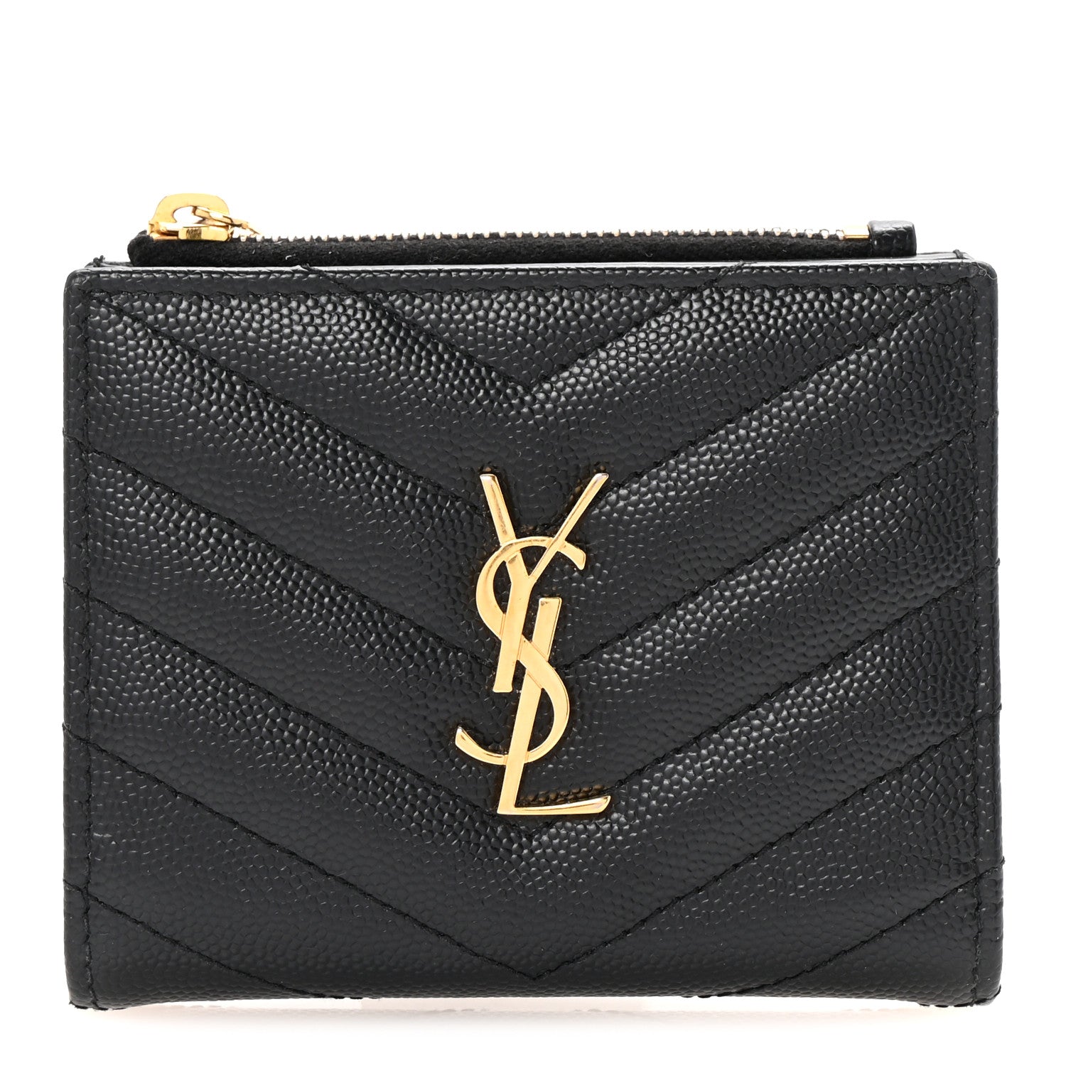Saint Laurent Grain De Poudre Matelasse Chevron Monogram Zipped Card Case Black 1 of 7