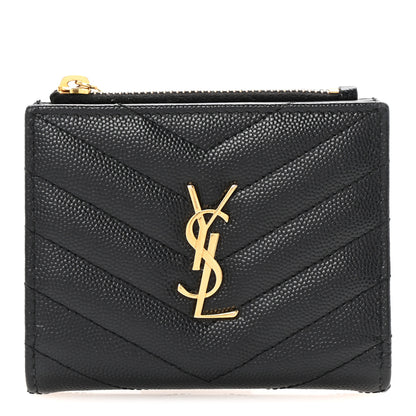 Saint Laurent Grain De Poudre Matelasse Chevron Monogram Zipped Card Case Black 1 of 7