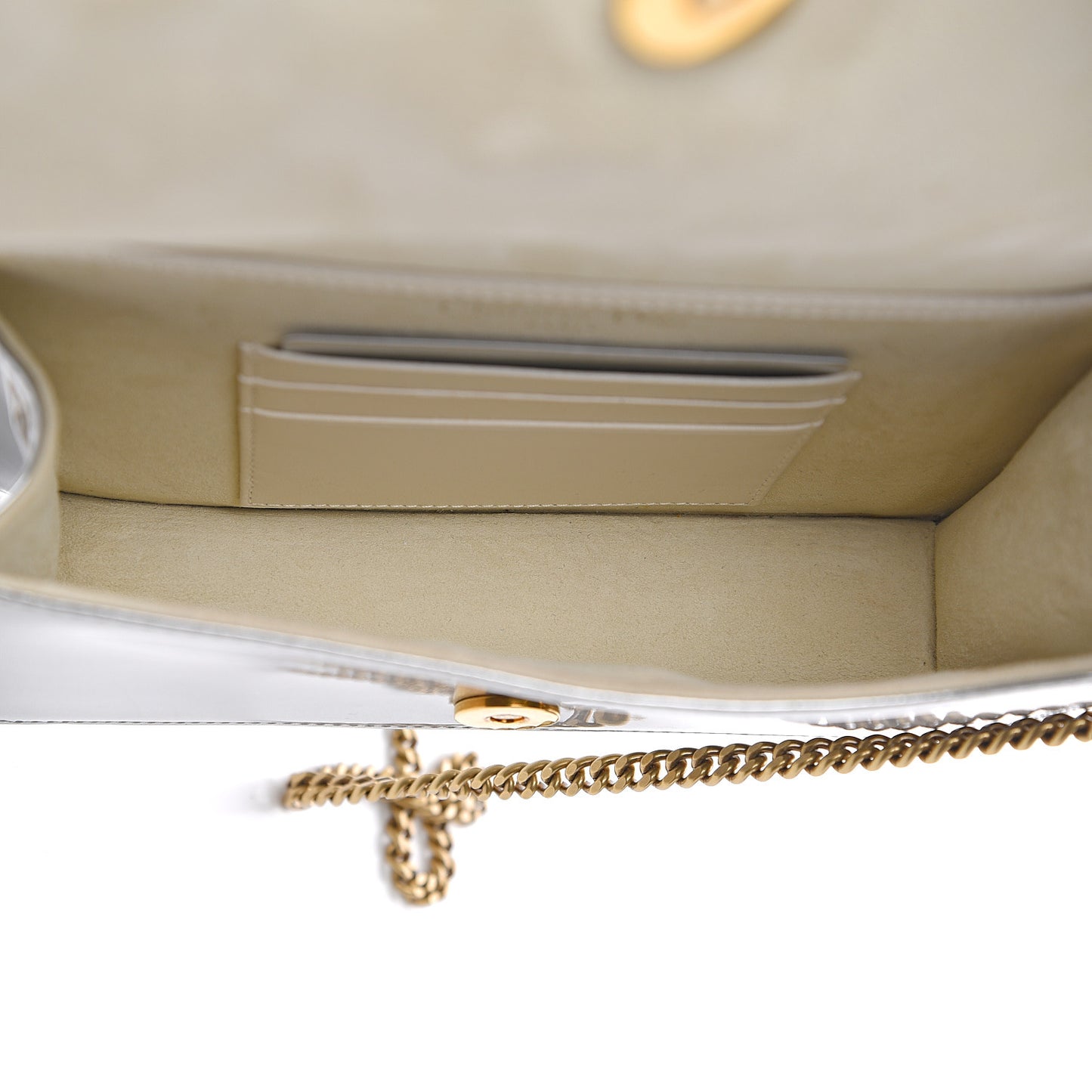Metallic Patent Studded Diorama Top Handle Wallet on Chain Pouch Silver