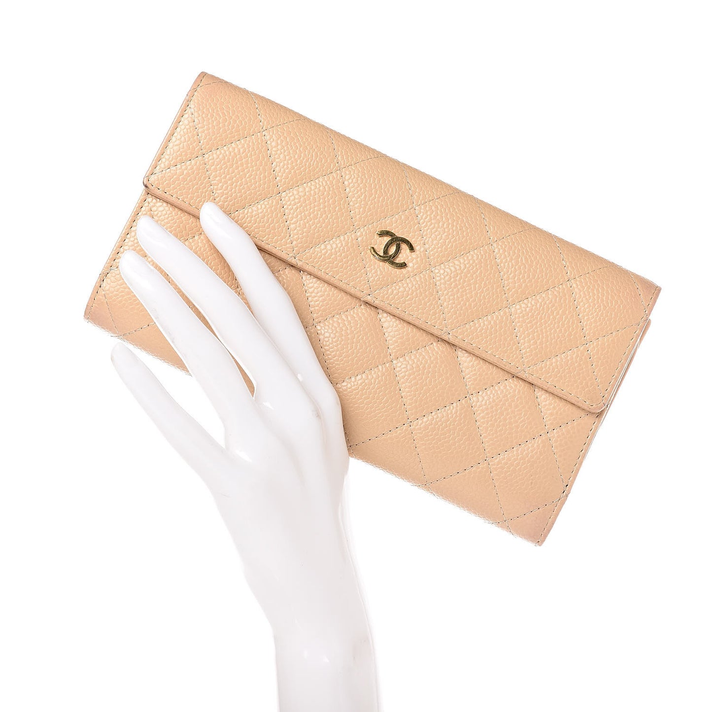 Caviar Quilted Long Flap Wallet Beige