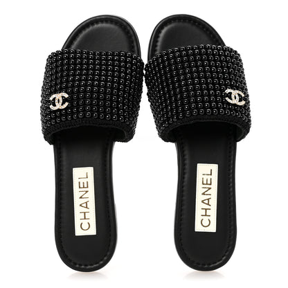 Chanel Pearl Crystal CC Mules Sandals 38.5 Black 2 of 10