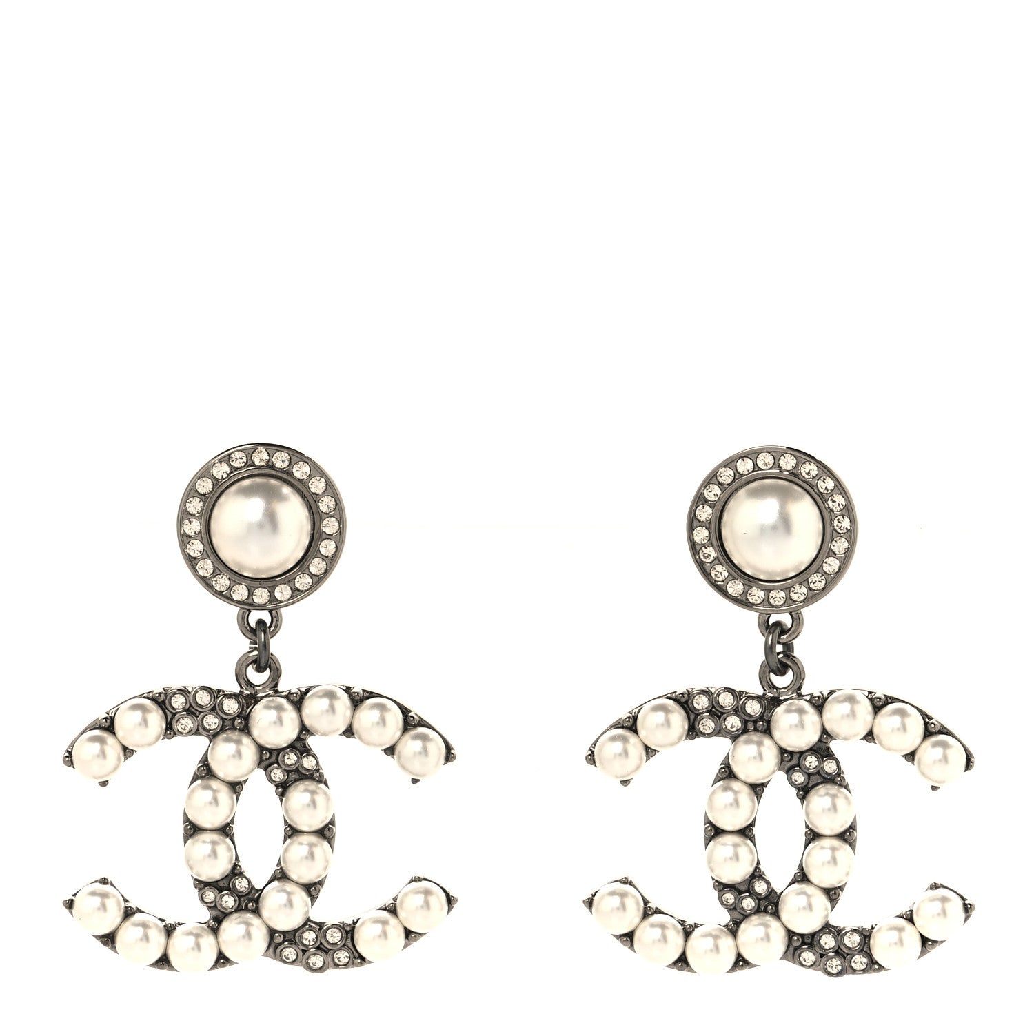Chanel Pearl Crystal CC Drop Earrings Silver 1 of 4