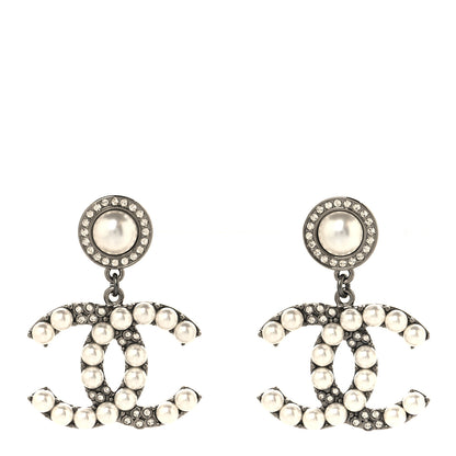 Chanel Pearl Crystal CC Drop Earrings Silver 1 of 4
