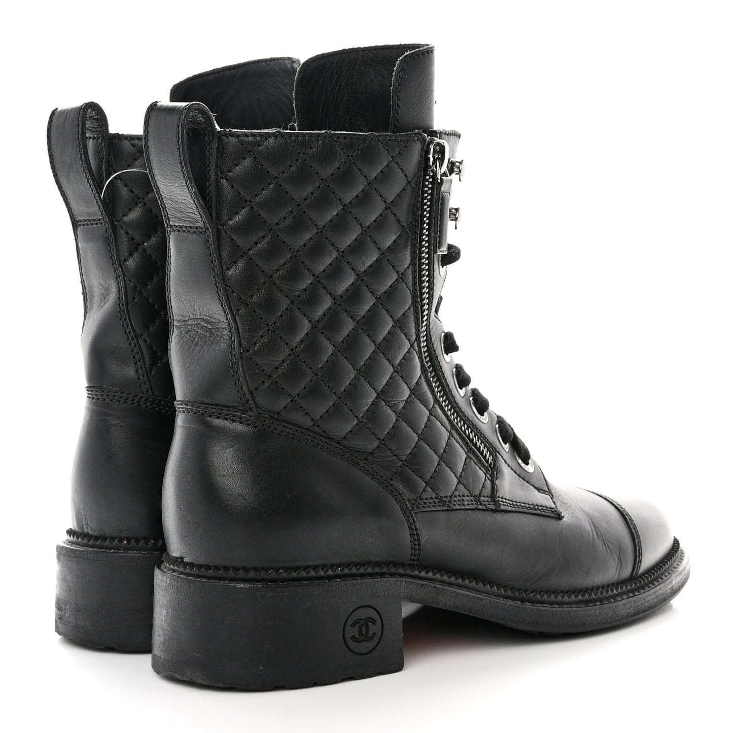 Shiny Goatskin Calfskin Quilted Lace Up Combat Boots 40 Black