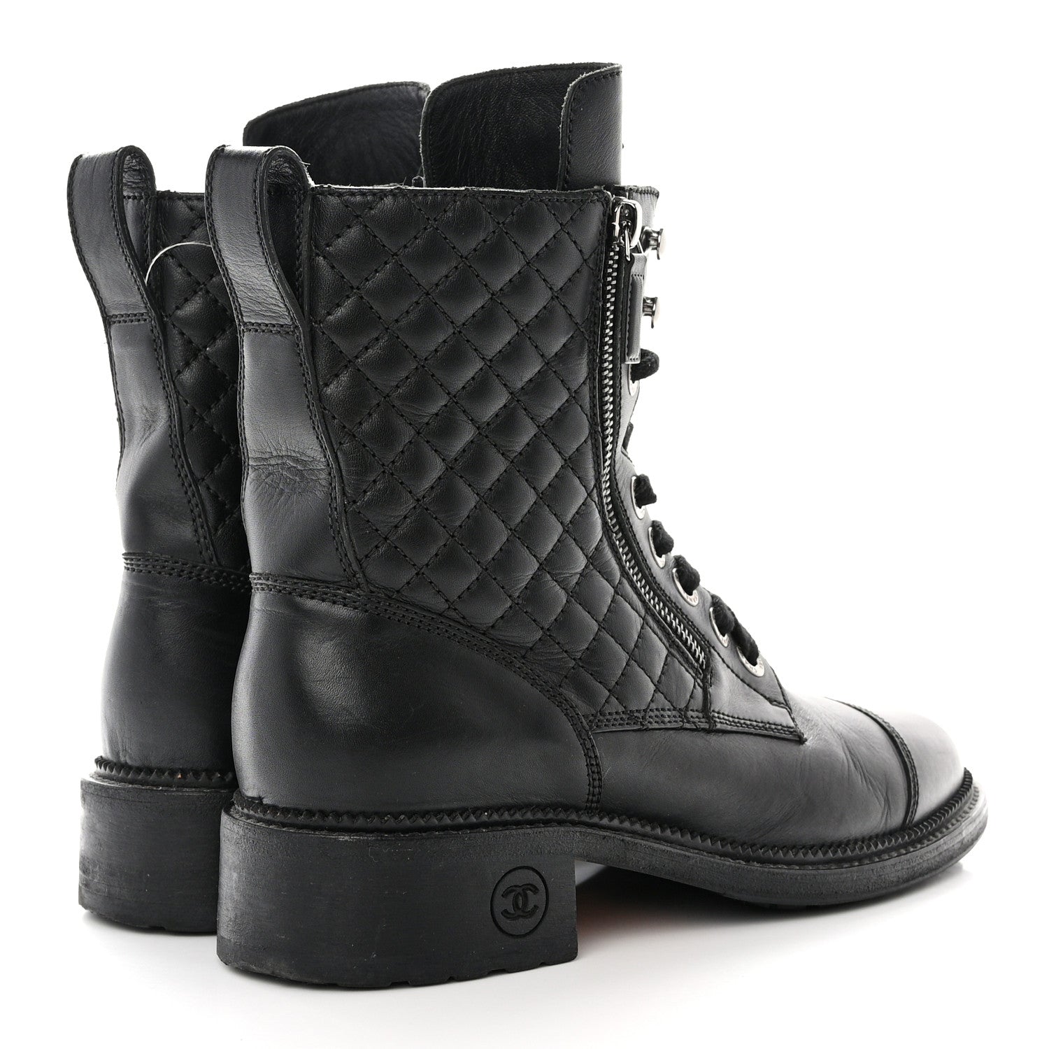 Chanel Shiny Goatskin Calfskin Quilted Lace Up Combat Boots 40 Black 4 of 12