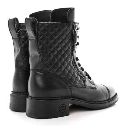Chanel Shiny Goatskin Calfskin Quilted Lace Up Combat Boots 40 Black 4 of 12