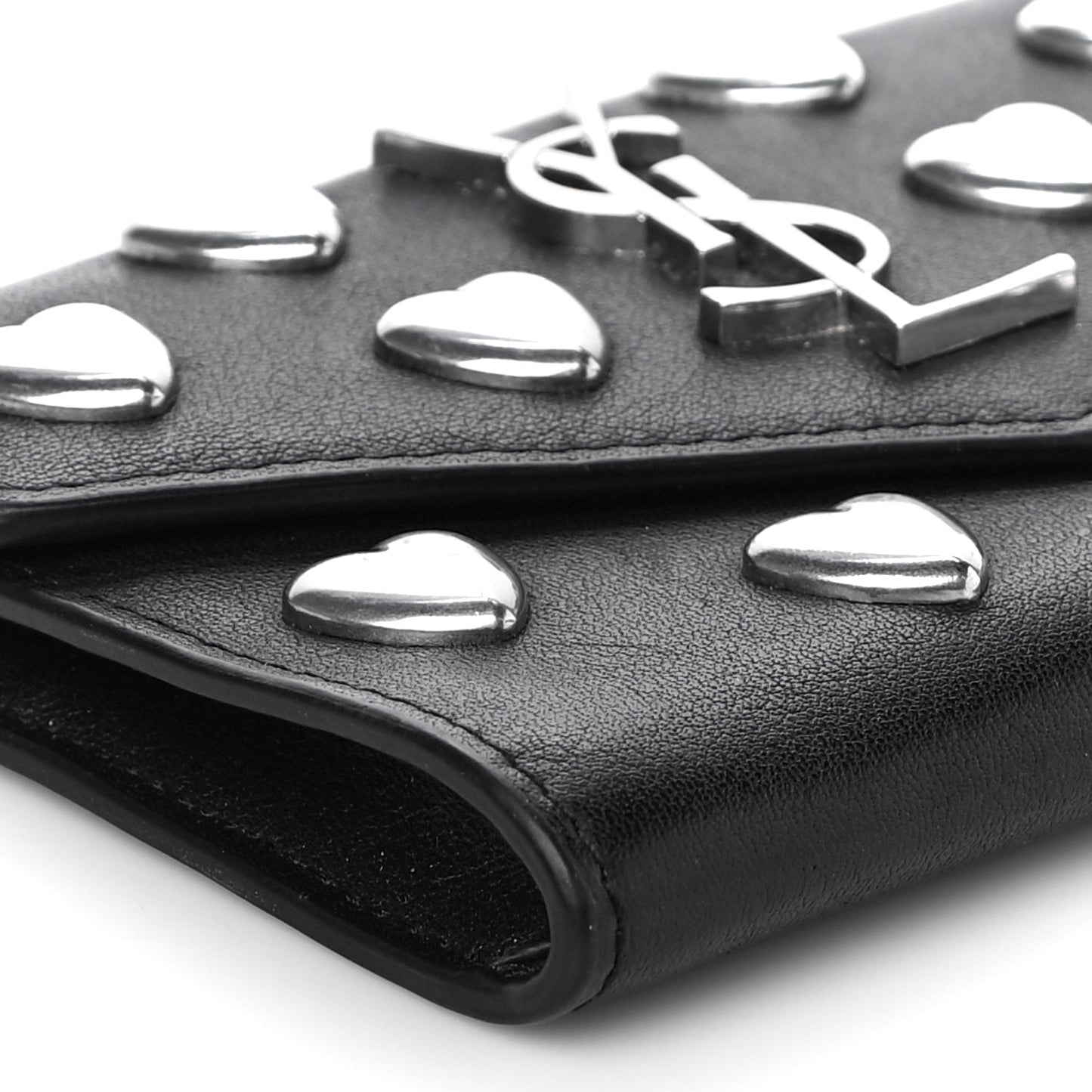 Calfskin Heart Studded Small Envelope Wallet Black