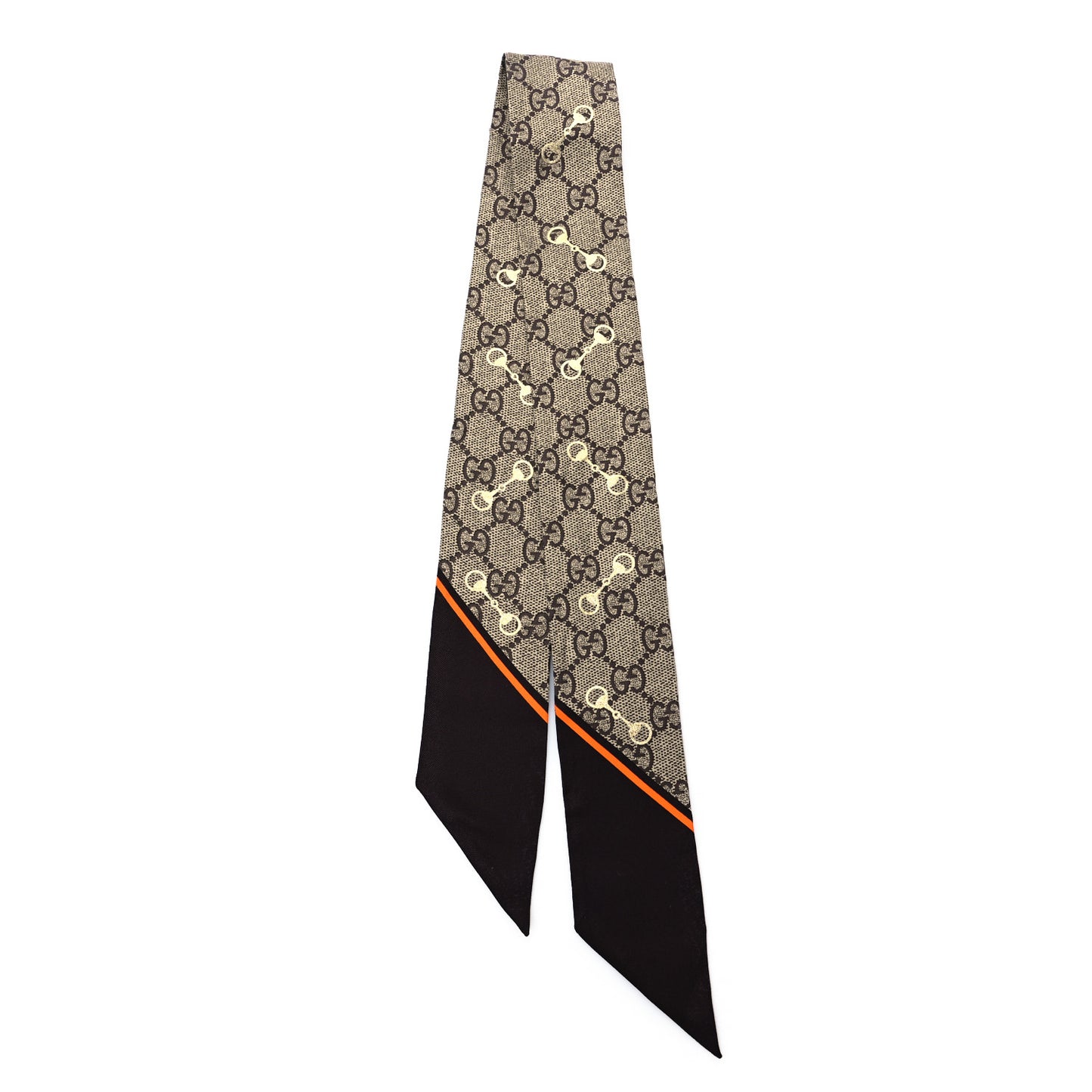 Silk Twill GG Monogram Gold Horsebity Neck Bow Scarf Brown Orange