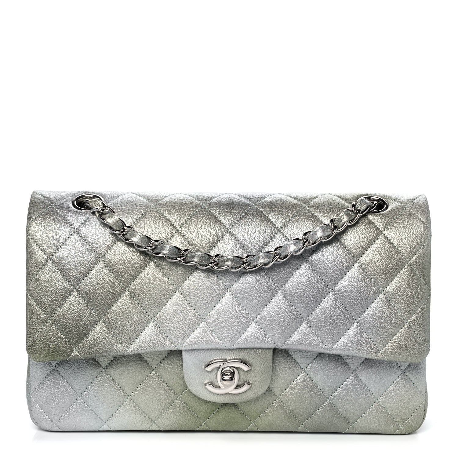 Chanel Metallic Goatskin Quilted Medium Double Flap Grey Green 1 of 10