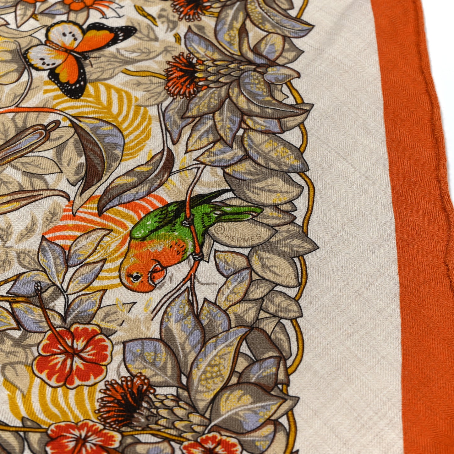 Cashmere Silk Jungle Love Giant Triangle Scarf Orange Cuit Naturel Vert