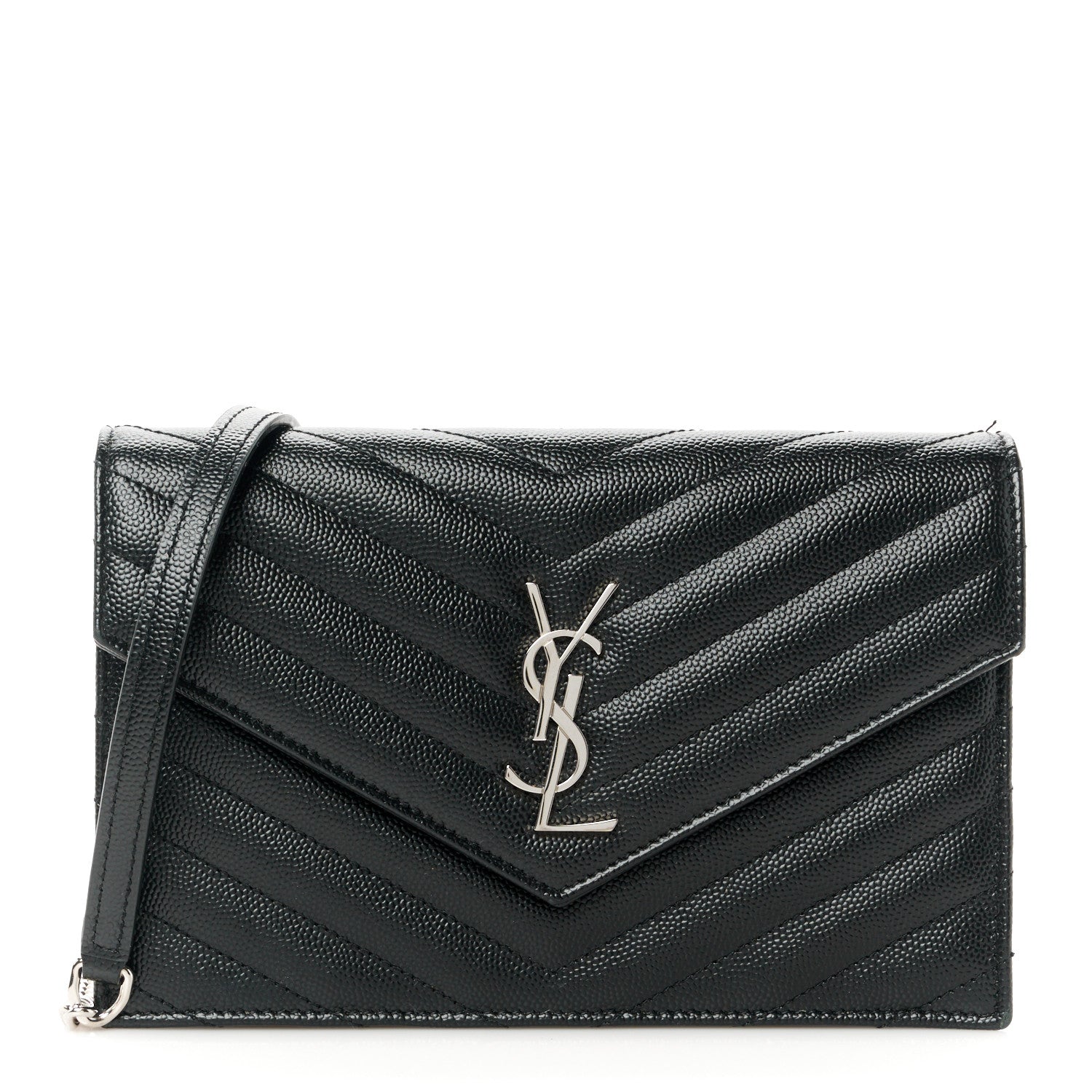 Saint Laurent Grain De Poudre Matelasse Chevron Monogram Envelope Chain Wallet Black 1 of 11