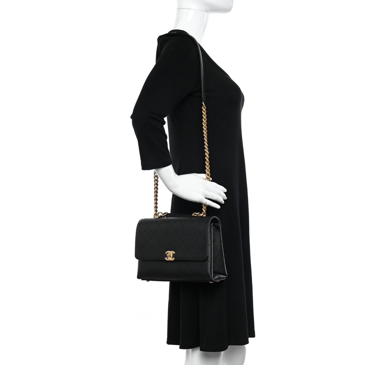 Grained Calfskin Small Stitched Flap Black