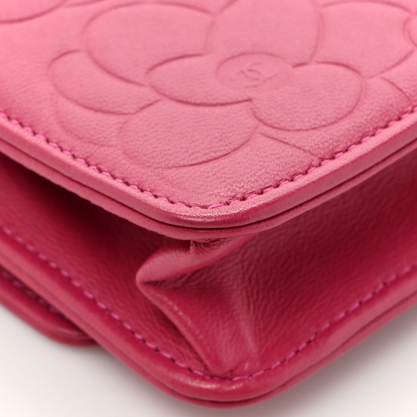 Lambskin Camellia Embossed Wallet on Chain WOC Pink
