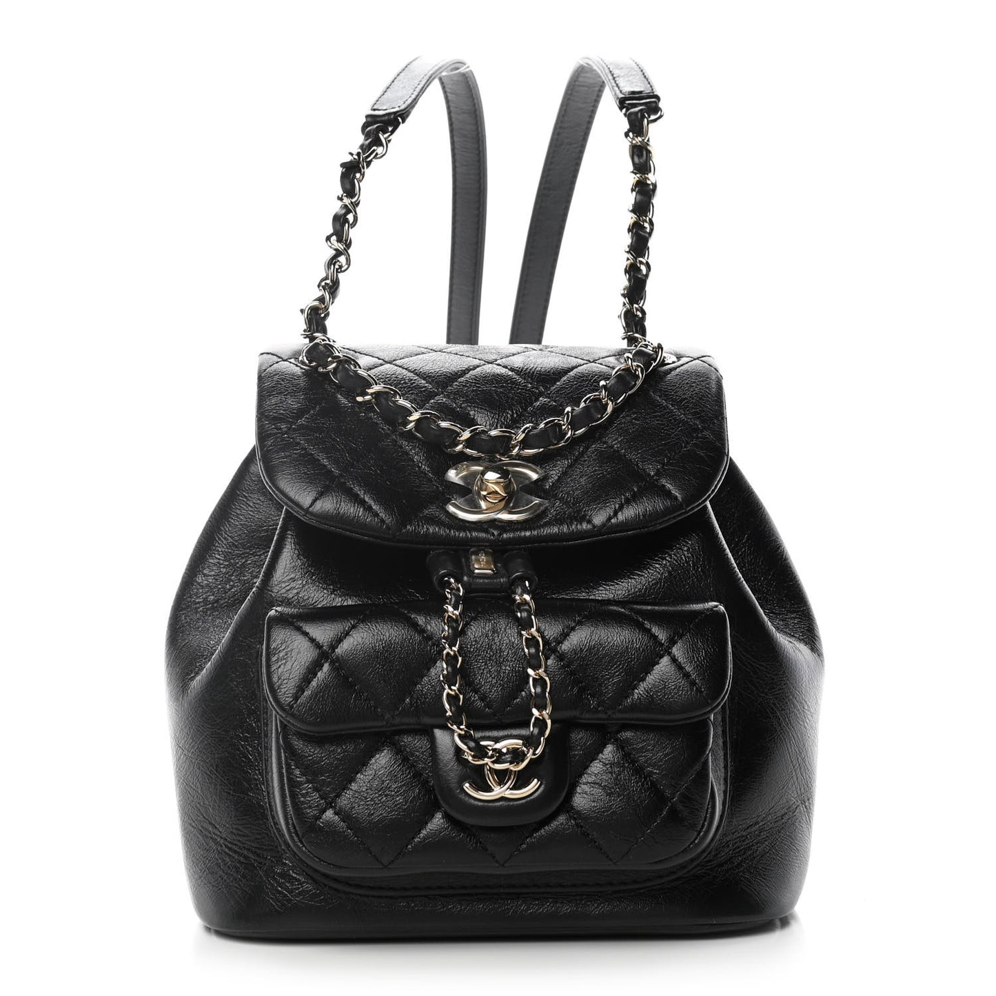 Glazed Aged Calfskin Quilted Small Duma Drawstring Backpack Black
