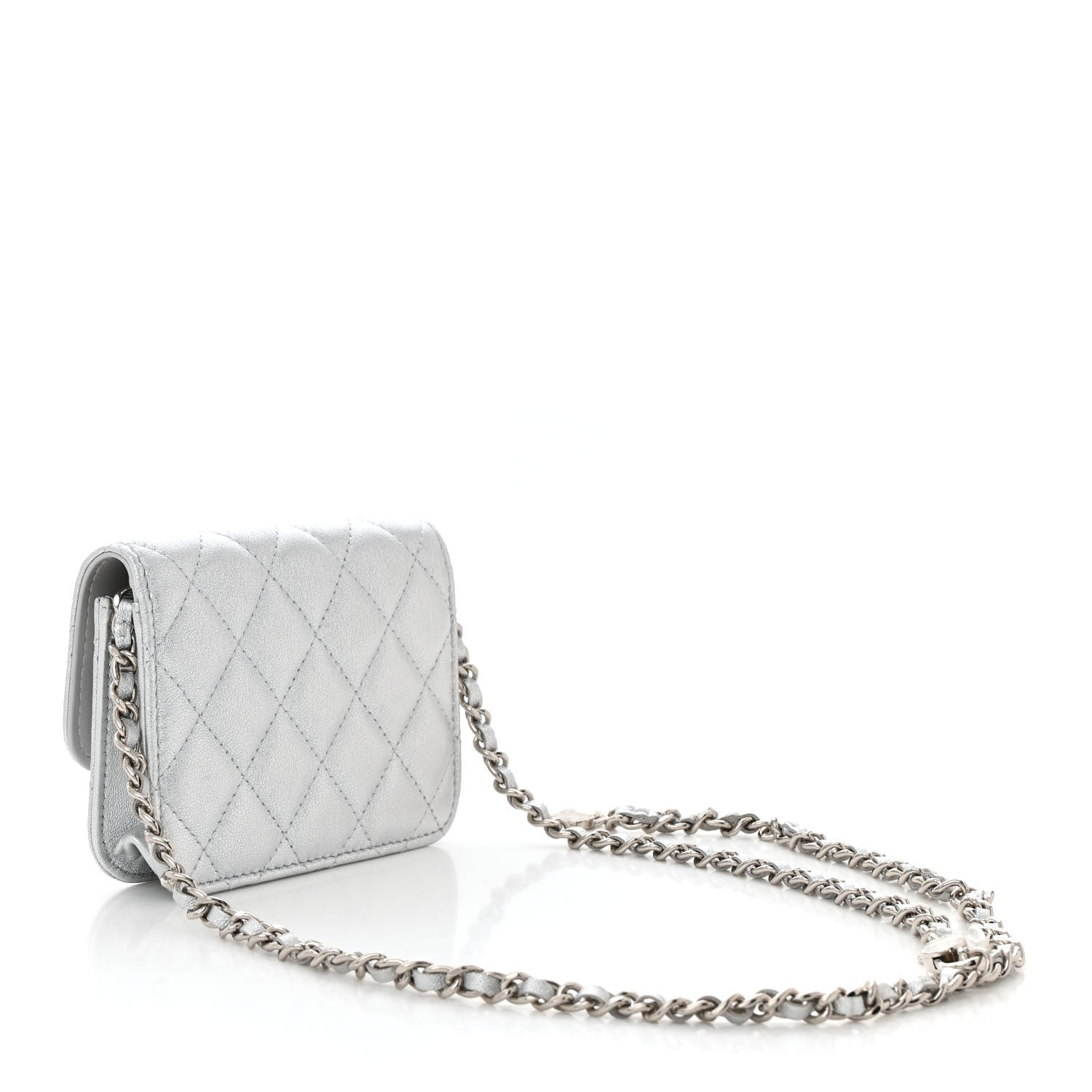 Chanel Metallic Goatskin Quilted Crystal CC Walk Of Fame Clutch With Chain Silver 3 of 11