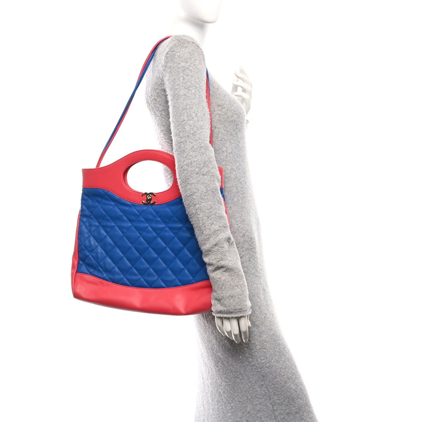 Aged Calfskin Quilted Large 31 Shopping Bag Red Blue