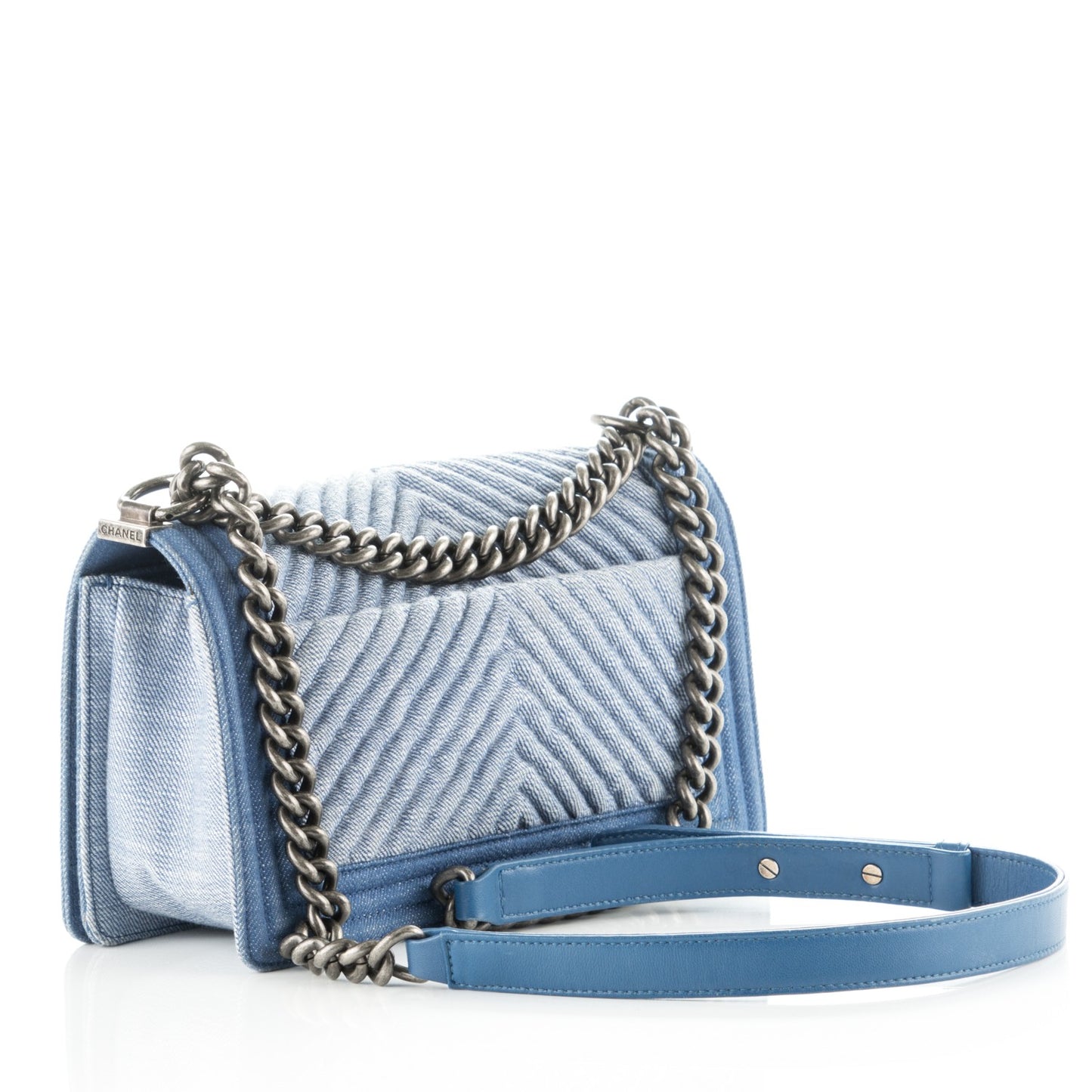 Denim Chevron Quilted Medium Boy Flap Blue