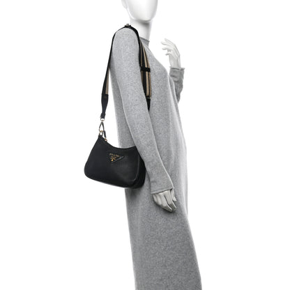 Prada Vitello Daino Soft Zippered Hobo Shoulder Bag Black 2 of 10