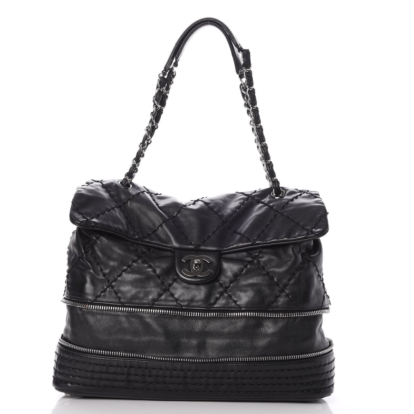 Calfskin Stitched Large Expandable Flap Bag Black