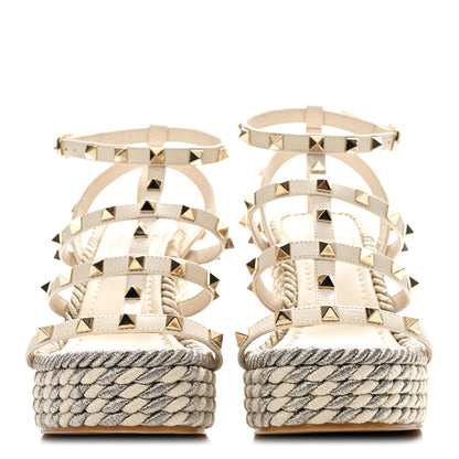 Valentino Garavani Calfskin Rockstud Ankle Strap Torchon Espadrille Caged 25/95mm Wedge Sandals 37 White 6 of 18