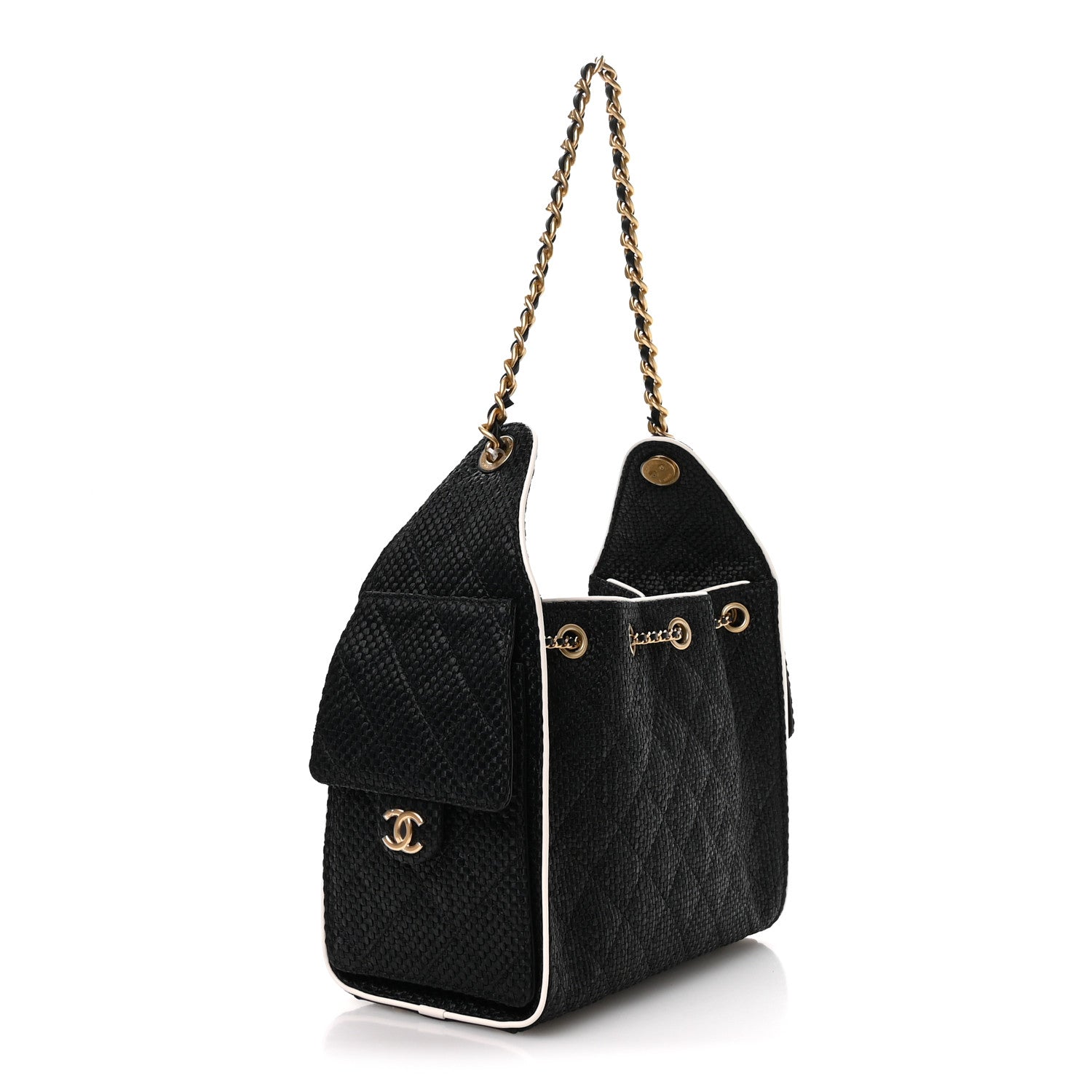 Chanel Braided Raffia Calfskin Small Chanel 25 Handbag Black White 2 of 10