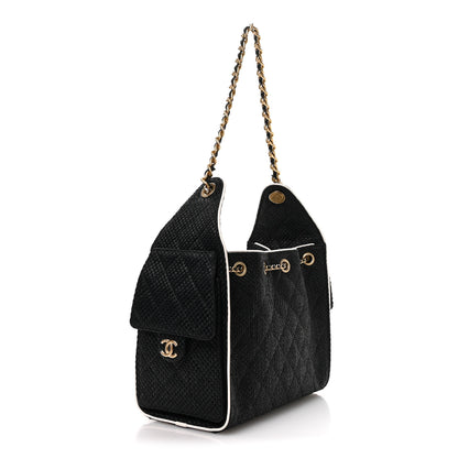 Chanel Braided Raffia Calfskin Small Chanel 25 Handbag Black White 2 of 10