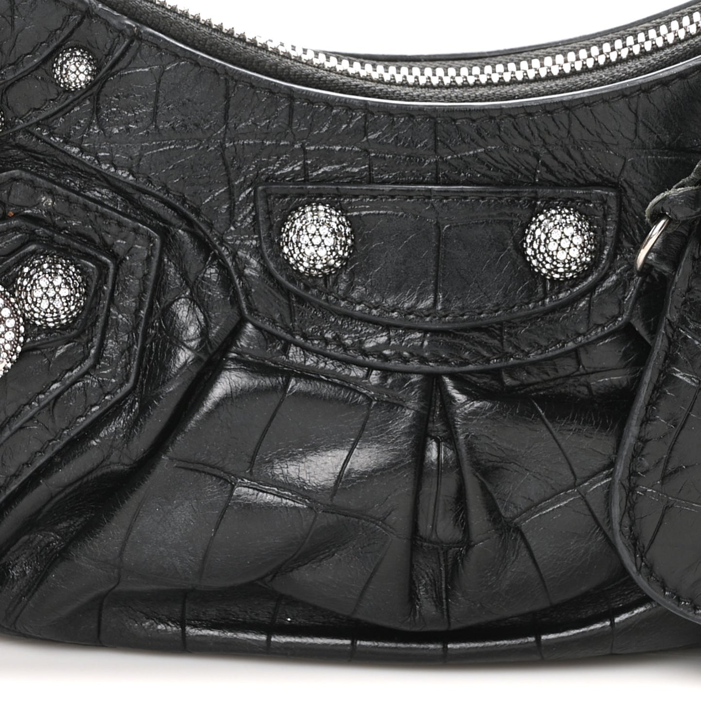 Extra Supple Calfskin Crystal Crocodile Embossed Le Cagole Shoulder Bag XS Black