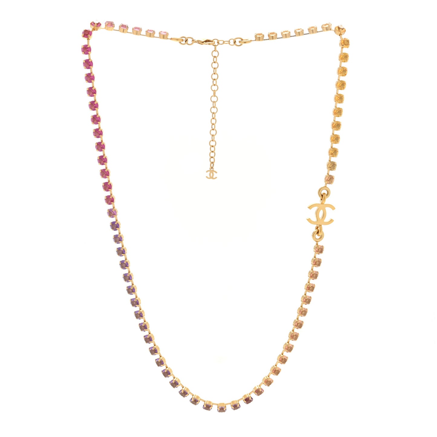 Metal Crystal CC Long Necklace Gold Pink Orange Purple Yellow