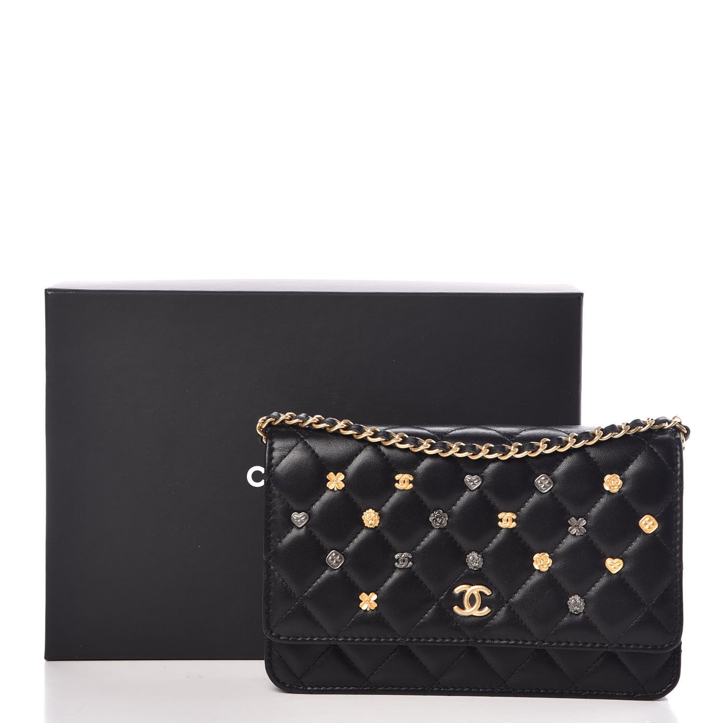 Lambskin Quilted Studded Wallet On Chain WOC Black