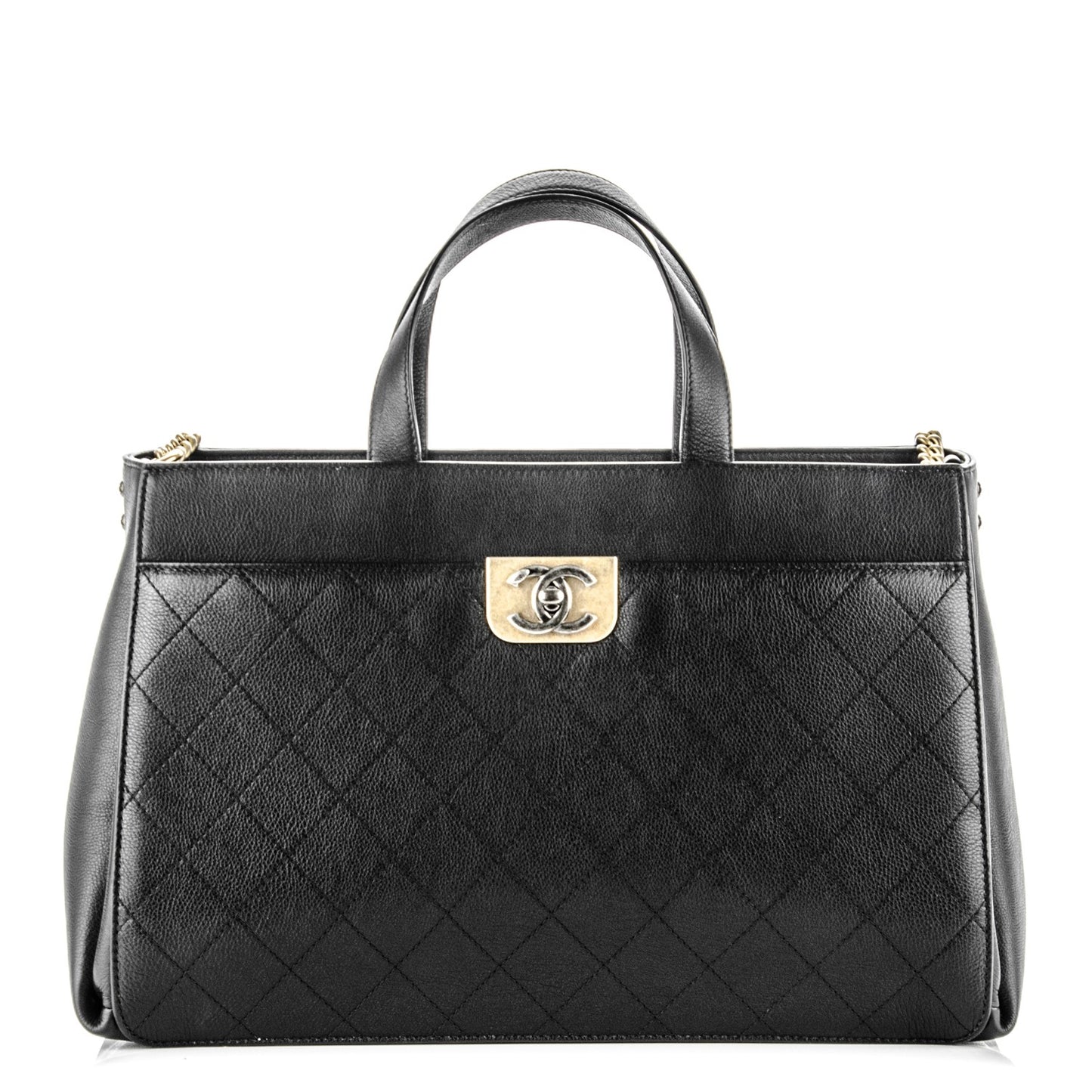 Calfskin Stitched Large Straight Lines Shopping Tote Black