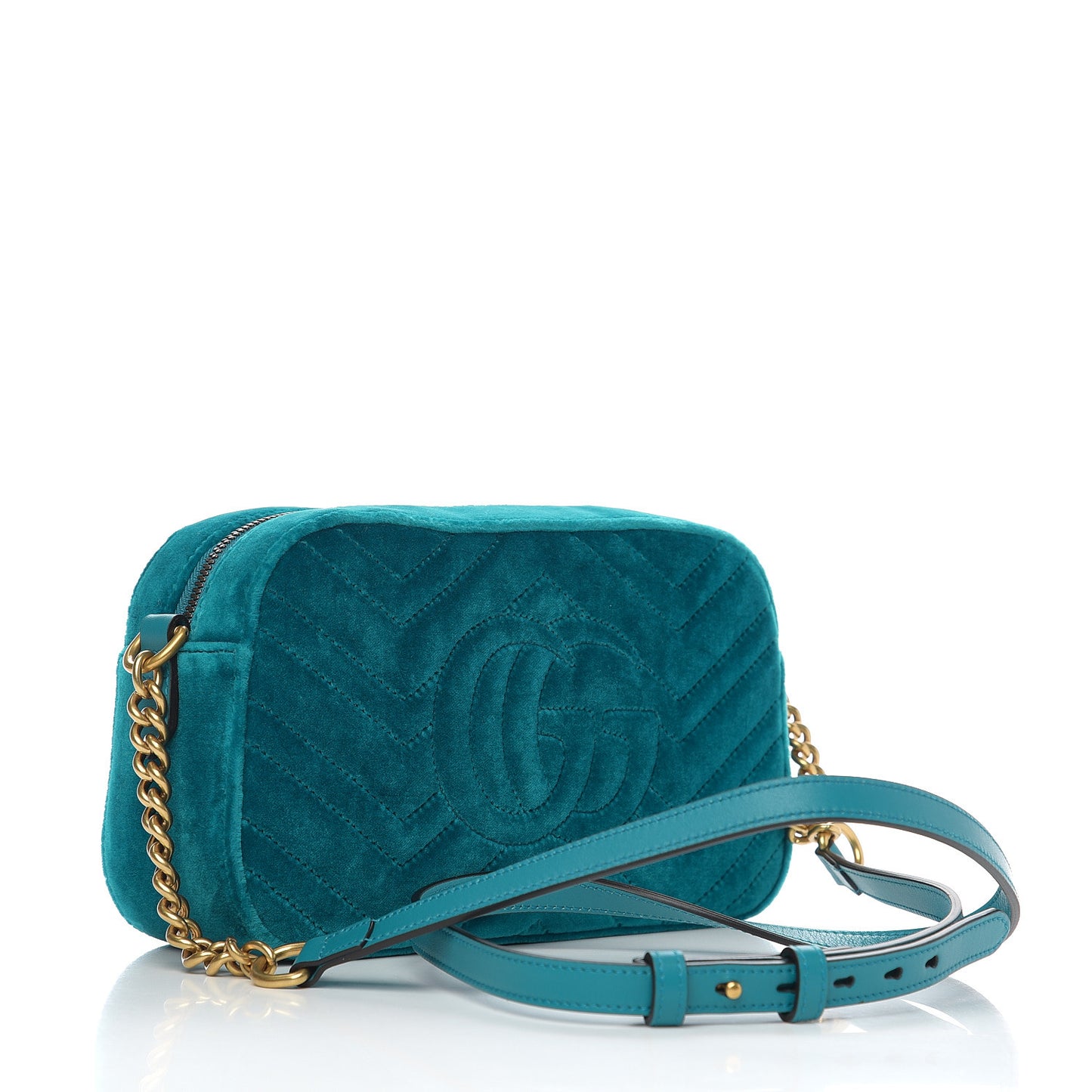 Velvet Matelasse Small GG Marmont Chain Shoulder Bag Pavone Cyan