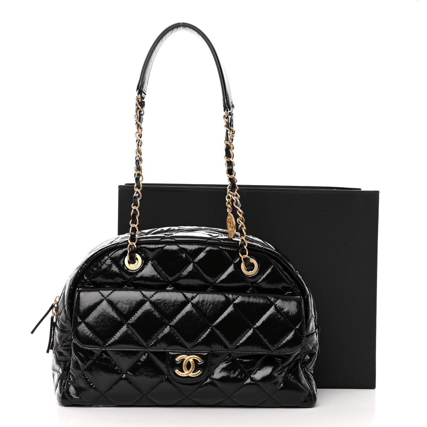 Shiny Crumpled Calfskin Quilted Large Bowling Bag Black