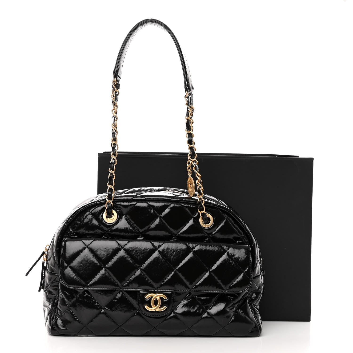 Chanel Shiny Crumpled Calfskin Quilted Large Bowling Bag Black 10 of 10