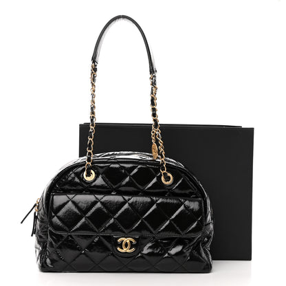 Chanel Shiny Crumpled Calfskin Quilted Large Bowling Bag Black 10 of 10