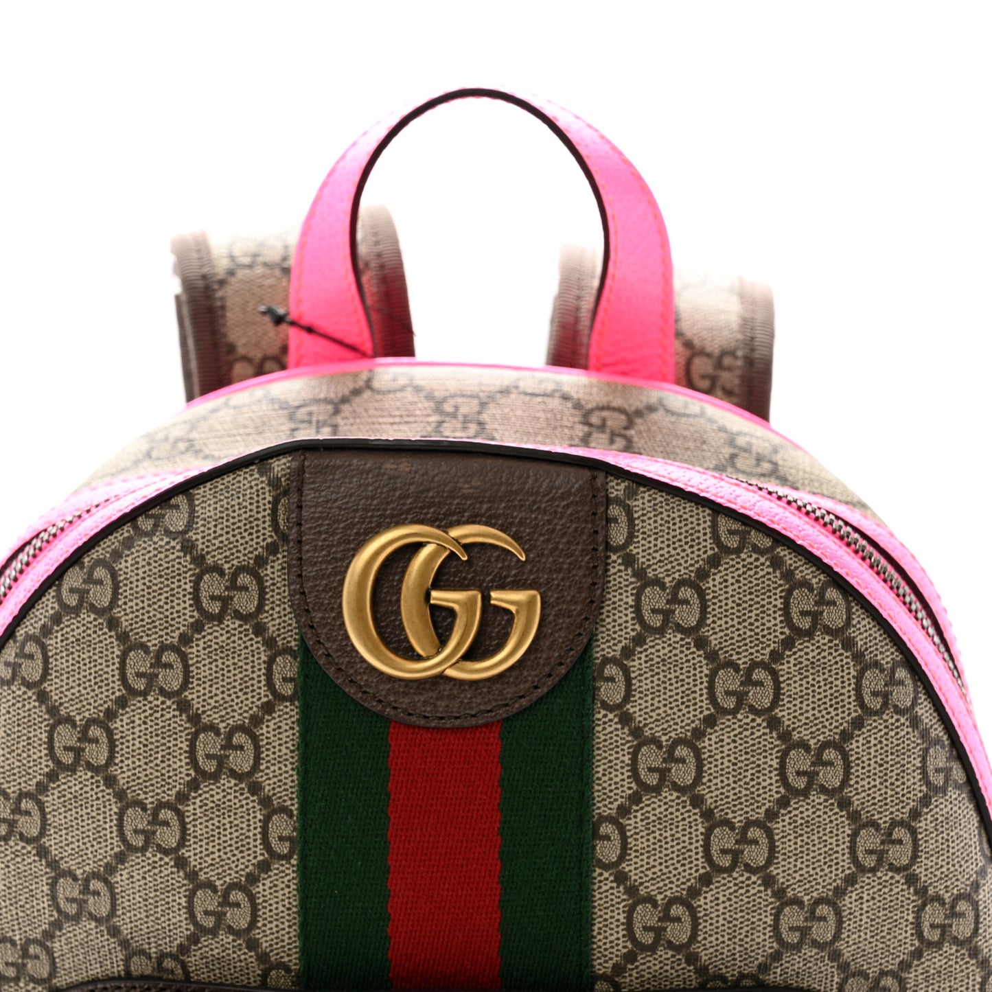 GG Supreme Monogram Textured Dollar Calfskin Web Small Ophidia Day Backpack Beige Ebony Fluorescent Fuchsia