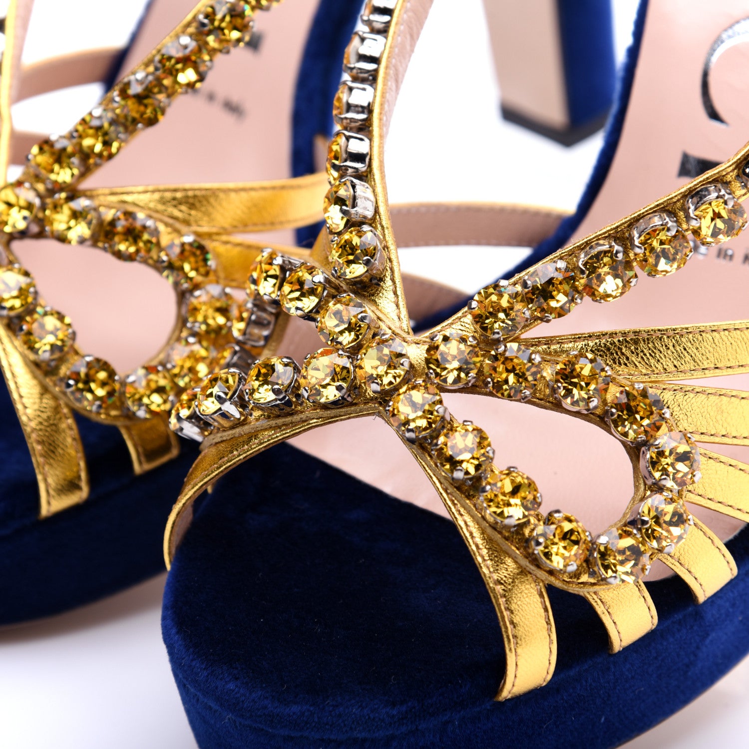 Gucci Velvet Nappa Crystal Zephyra Slingback Platform High Heel Sandals 36.5 Blue Gold 9 of 12