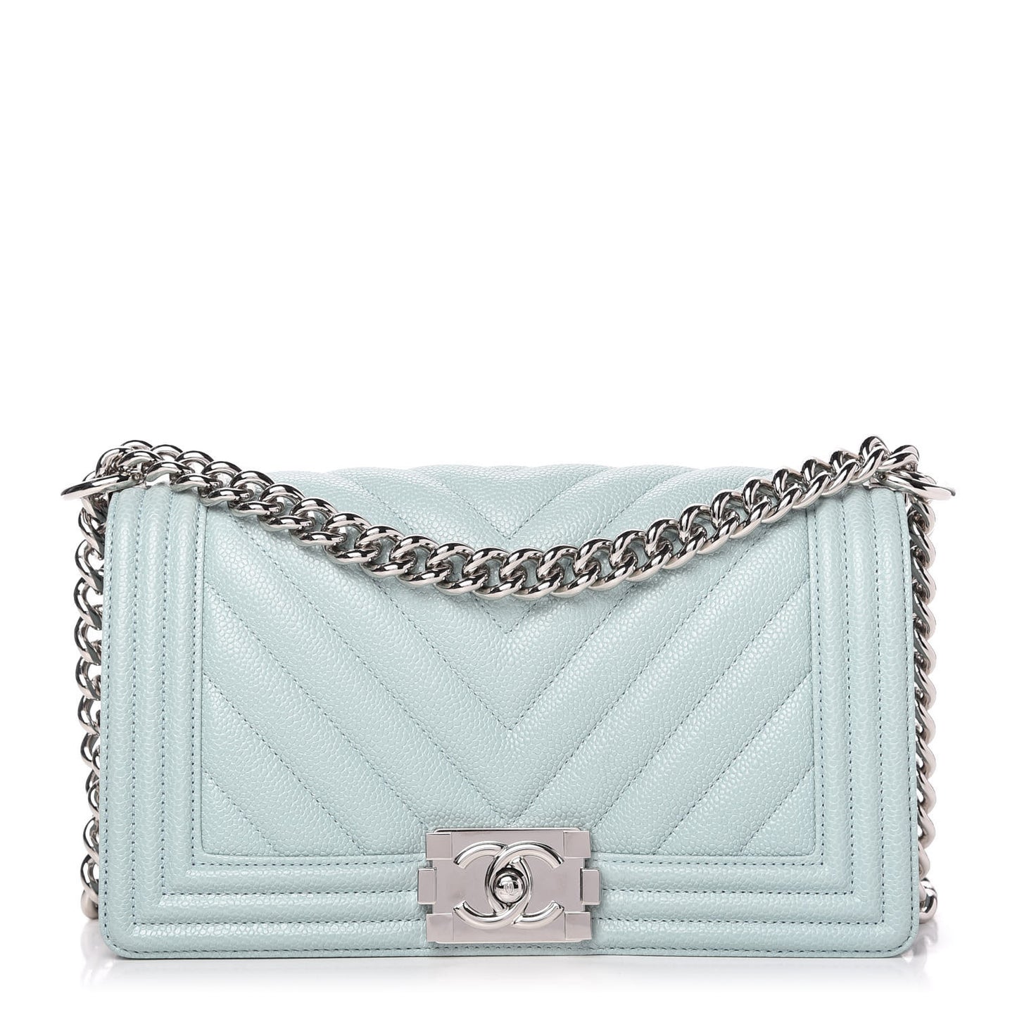 Caviar Chevron Quilted Medium Boy Flap Light Blue