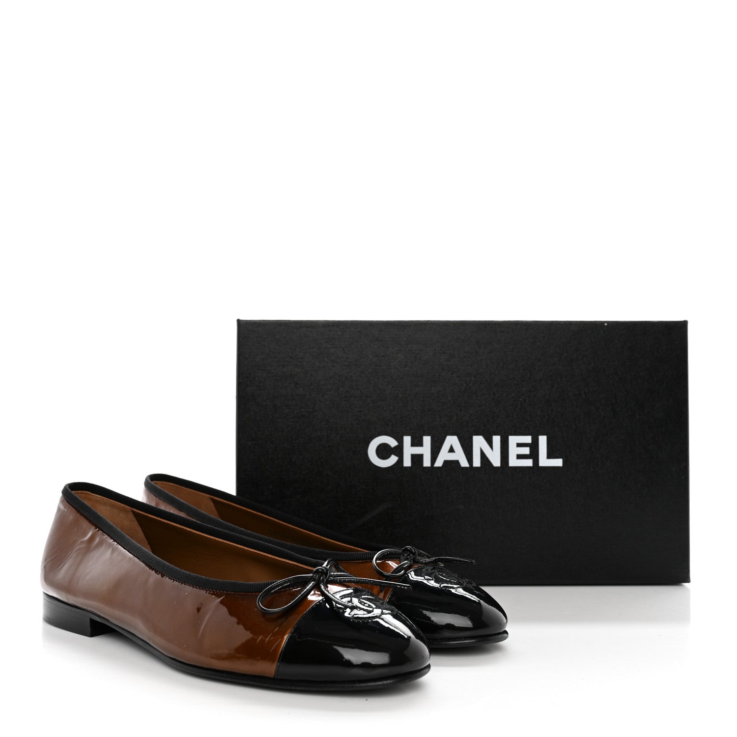 Chanel Patent Calfskin CC Cap Toe Ballerina Flats 37.5 Brown Black 12 of 12
