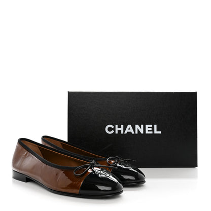 Chanel Patent Calfskin CC Cap Toe Ballerina Flats 37.5 Brown Black 12 of 12