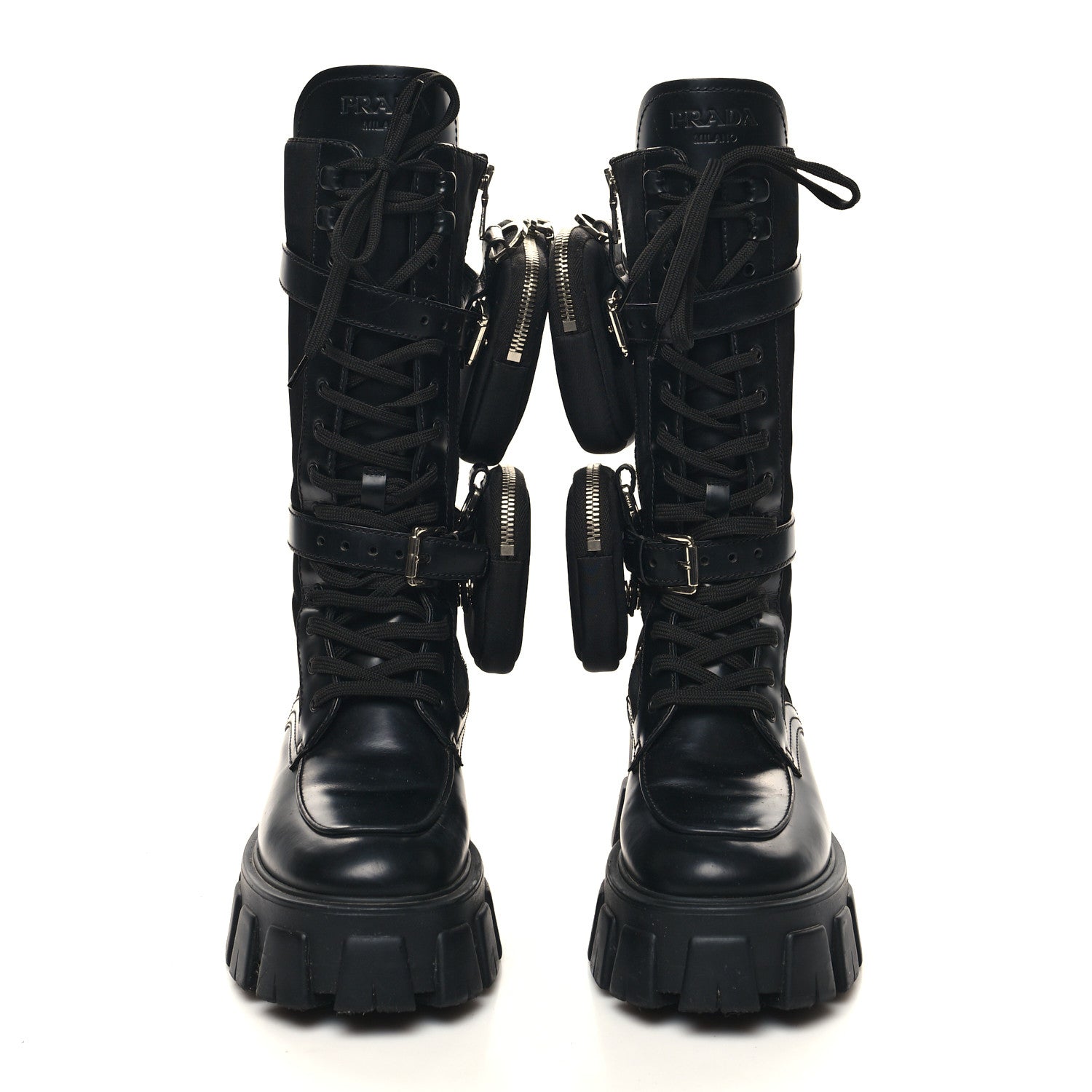 Prada Spazzolato Rois Re-Nylon Metal Triangle Logo Monolith Pouch Pocket 55mm Tall Combat Boots 36 Black 2 of 10
