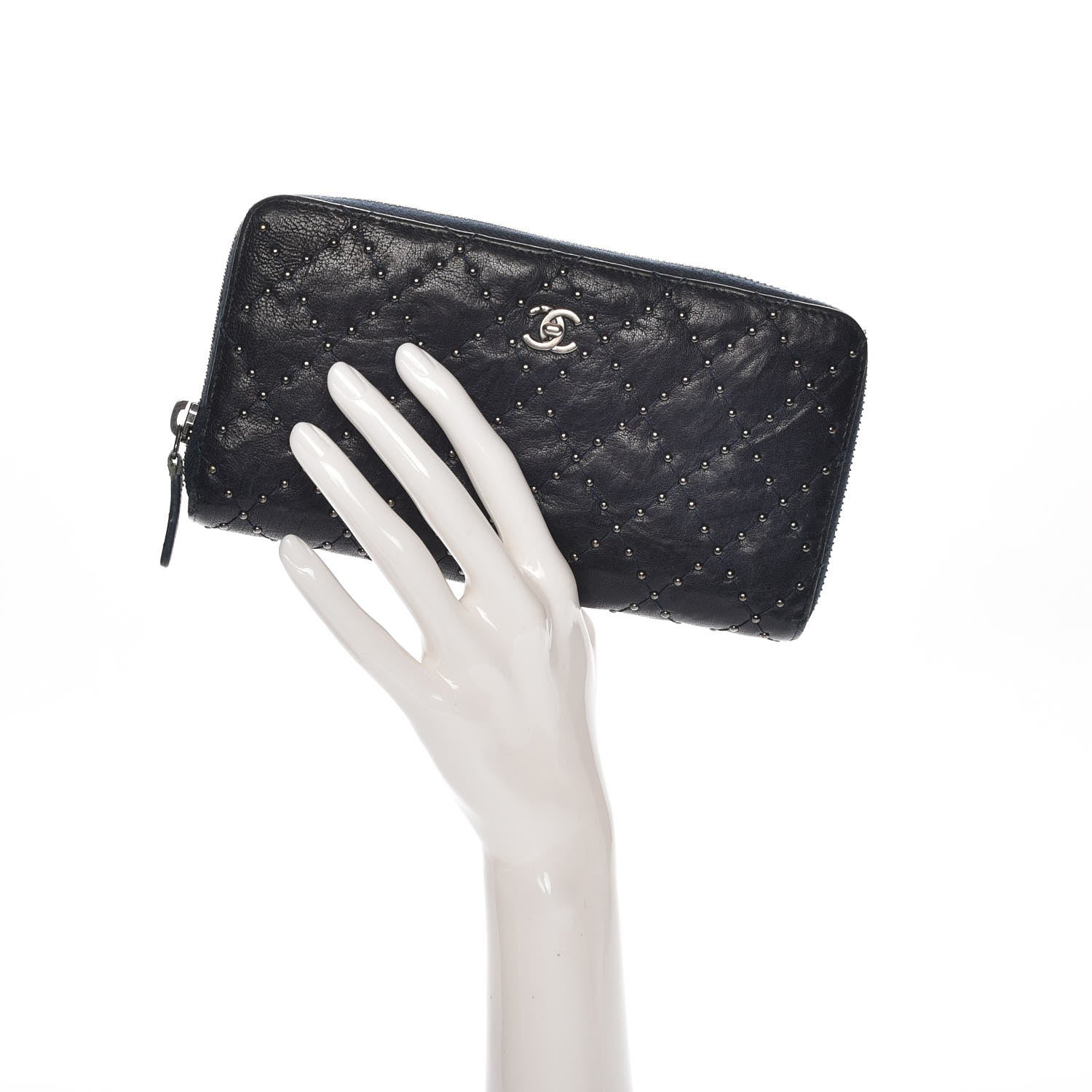 Chanel Crumpled Lambskin Studded Paris Dallas Zip Around Wallet Navy 2 of 8